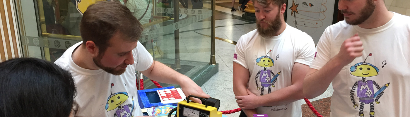 Group of students stood in Trafford Centre at Science X event