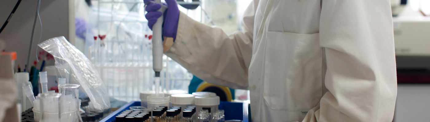 Researcher squeezing liquid into plastic pot