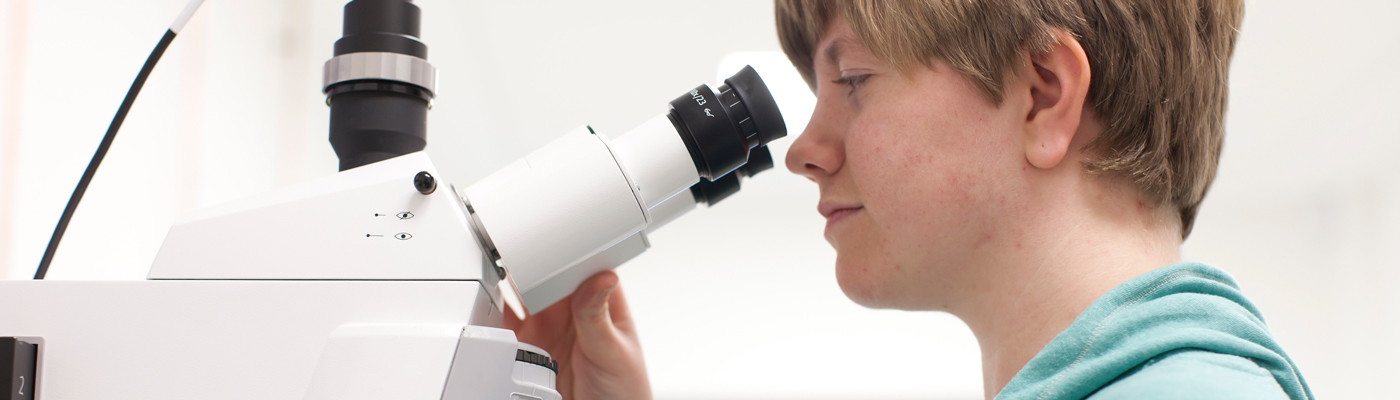 Researcher holding microscope and peering through it